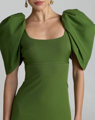 Green Crepe Square Neck Gown With Puff Sleeves