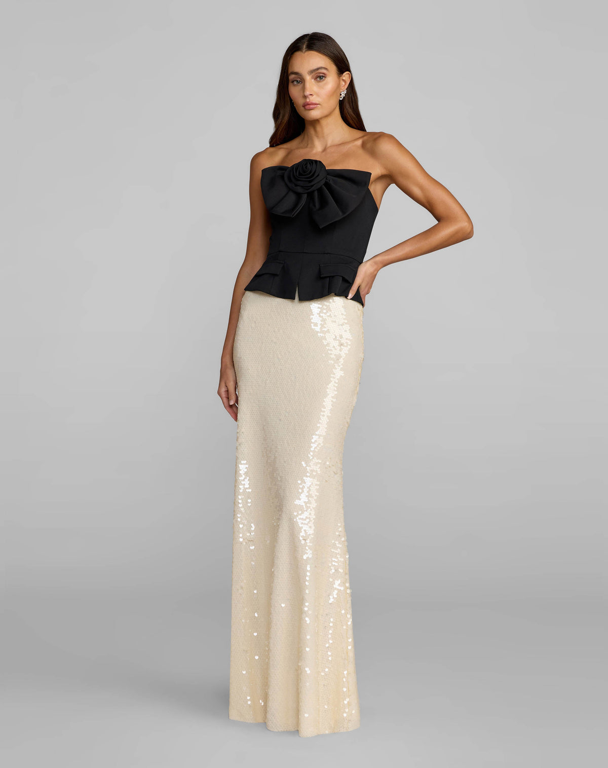 Black and Ivory Strapless Peplum Sequin Evening Gown