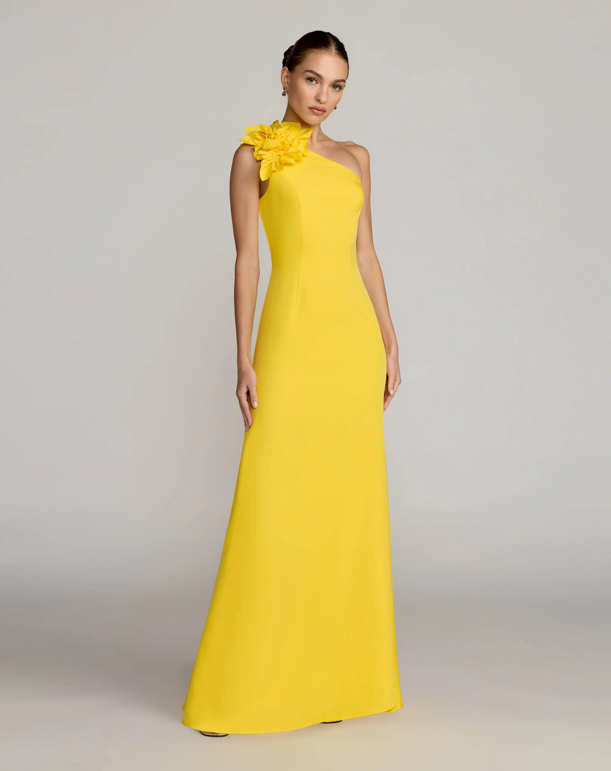 Yellow One Shoulder Crepe Gown with 3D Flower