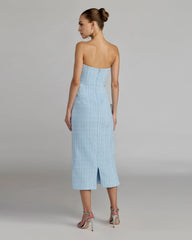 Blue Boucle Strapless 3D Floral Midi Dress