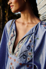 Blue Garden Tapestry Embroidered Long Sleeve Midi Dress