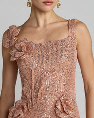 Light Pink Sequin Column Gown With 3D Flowers