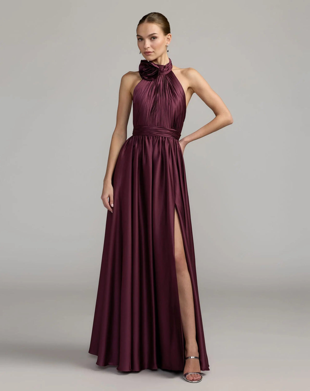 Purple Halter Neck Open Back Satin Gown With Slit