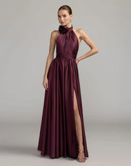 Purple Halter Neck Open Back Satin Gown With Slit
