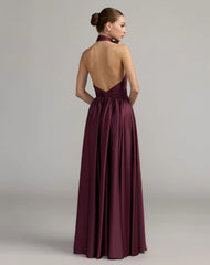 Purple Halter Neck Open Back Satin Gown With Slit