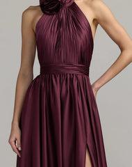 Purple Halter Neck Open Back Satin Gown With Slit