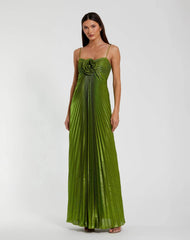 Green Metallic Pleated Gown With 3D Flower
