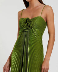 Green Metallic Pleated Gown With 3D Flower