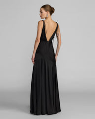 Black Charmeuse Cowl Gown With Thin Bow Straps
