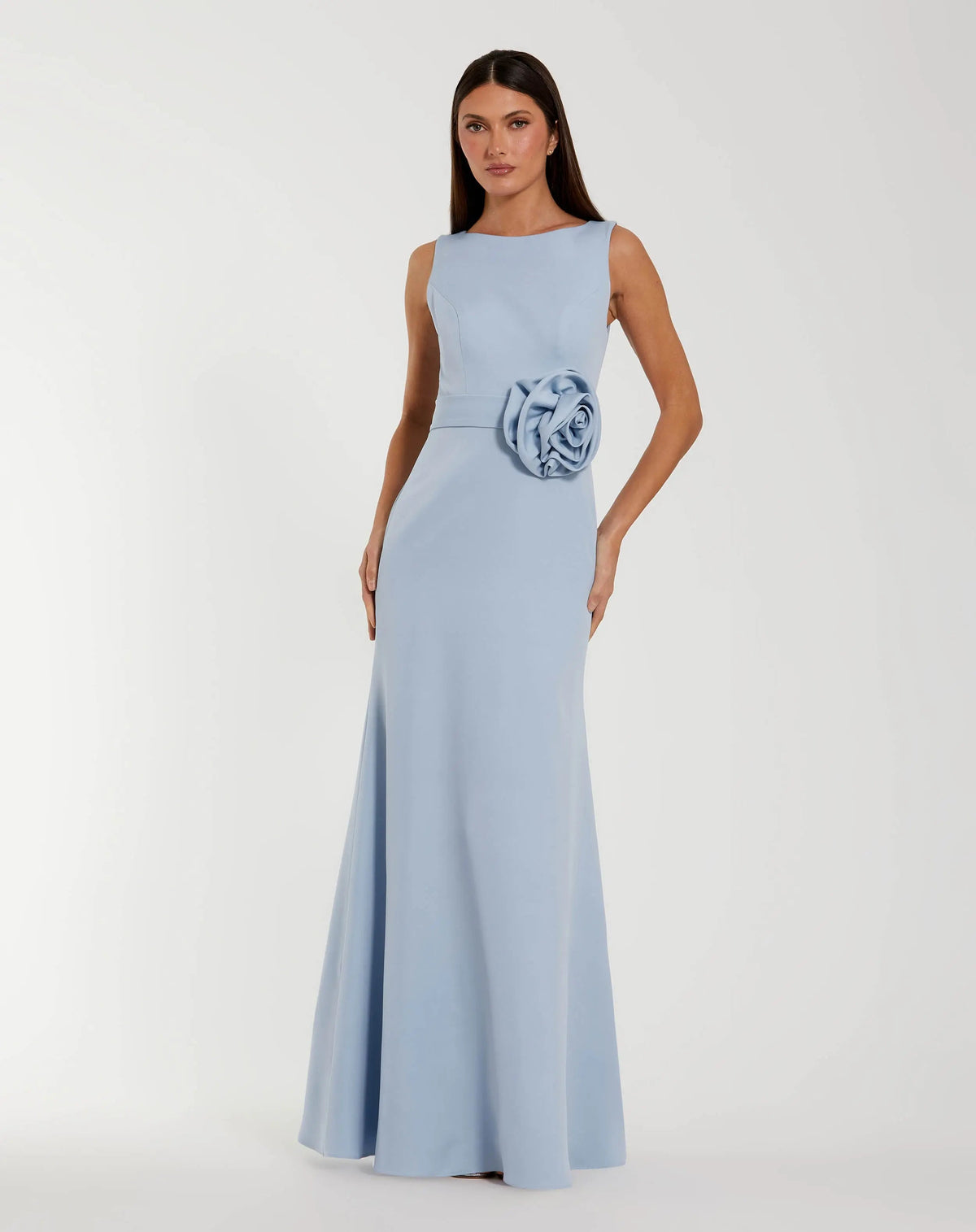 Blue Boat Neck Crepe A Line Gown With Flower