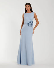 Blue Boat Neck Crepe A Line Gown With Flower
