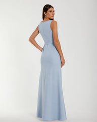 Blue Boat Neck Crepe A Line Gown With Flower