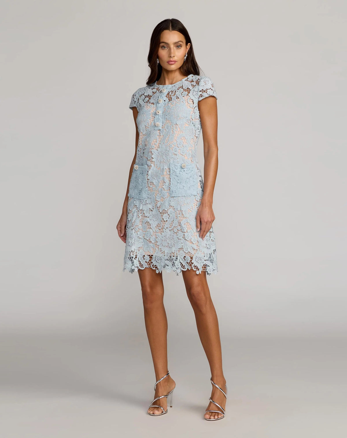 Blue Lace Button Front Mini Dress