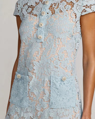 Blue Lace Button Front Mini Dress
