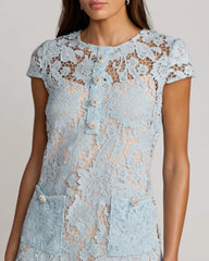 Blue Lace Button Front Mini Dress