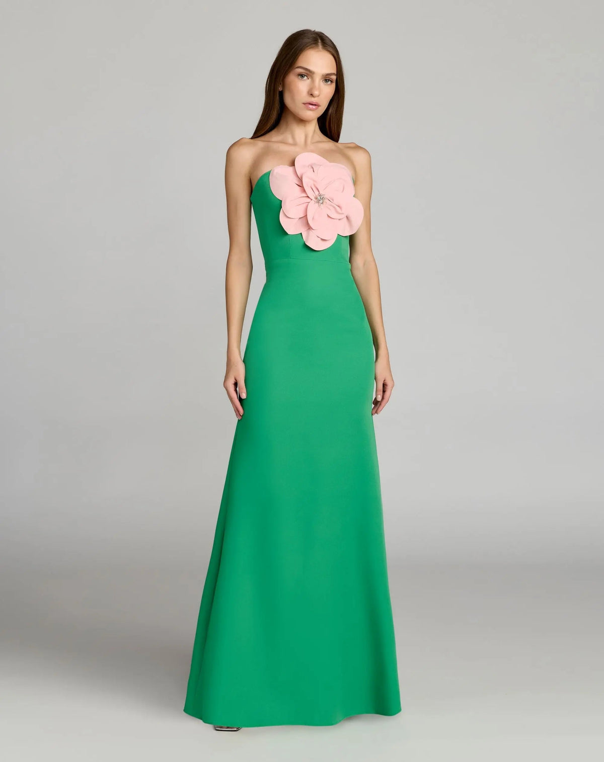 Green Strapless Crepe Gown With 3D Flower
