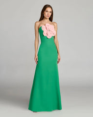 Green Strapless Crepe Gown With 3D Flower
