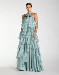 Blue Halter Neck Open Back Trapeze Ruffle Gown