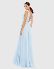 Blue Sleeveless Pleated Chiffon V-Neck Gown