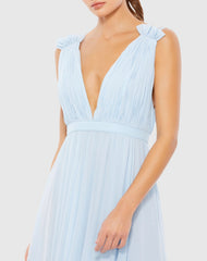 Blue Sleeveless Pleated Chiffon V-Neck Gown