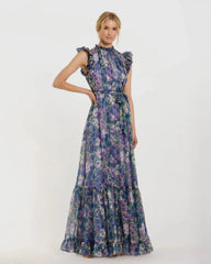 Purple Floral Chiffon Cap Sleeve Gown