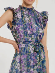 Purple Floral Chiffon Cap Sleeve Gown