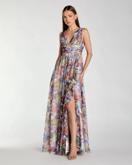 Multicolor Floral Chiffon Gown With Ruffle Slit
