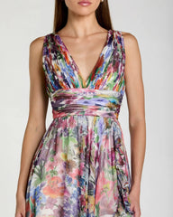 Multicolor Floral Chiffon Gown With Ruffle Slit