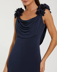 Navy Cowl Neck Jersey Gown With 3D Flower Straps