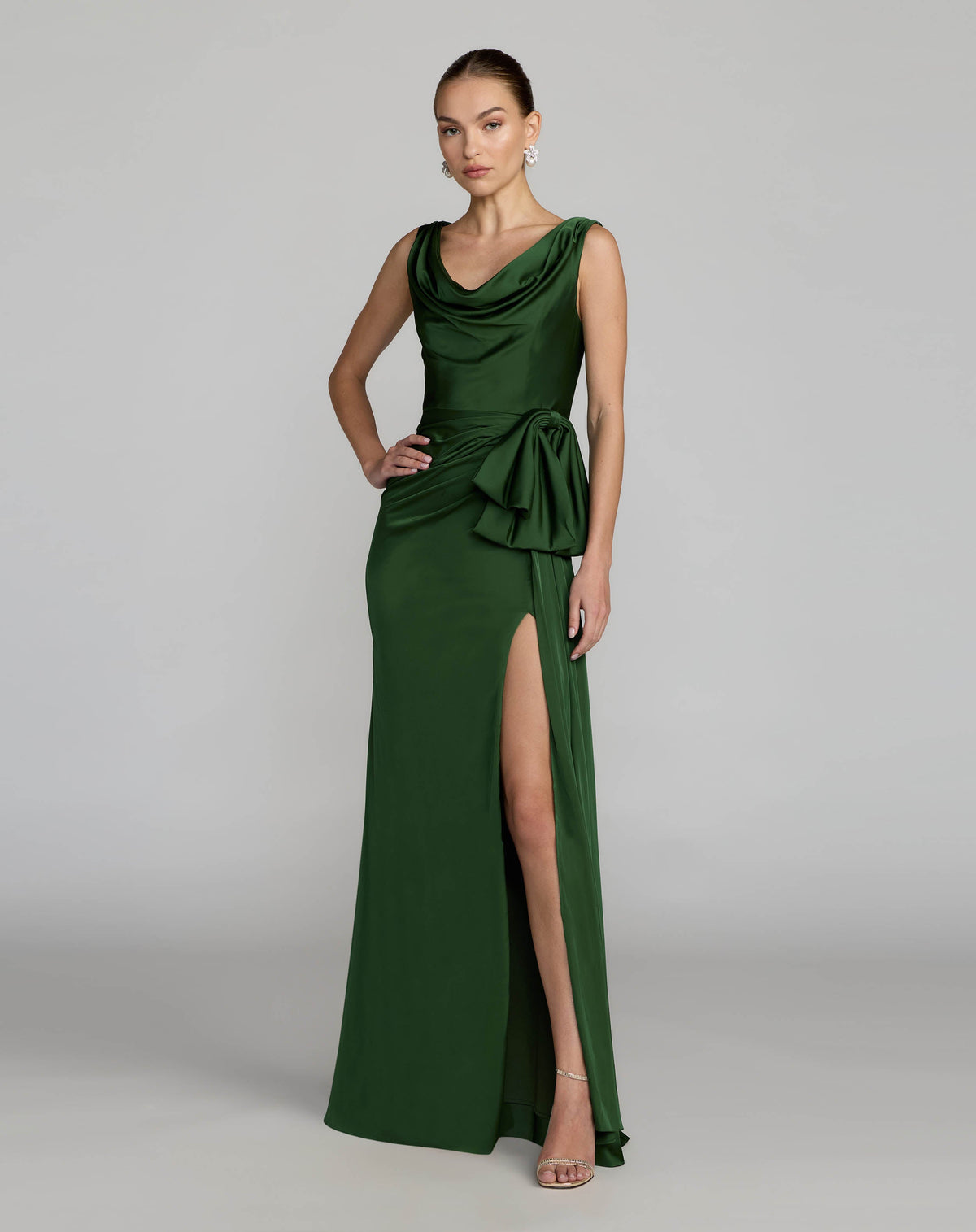 Green Draped Cowl Neck Gown with Side Slit