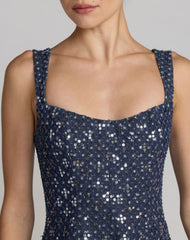 Blue Sleeveless Sequin Denim Midi Dress