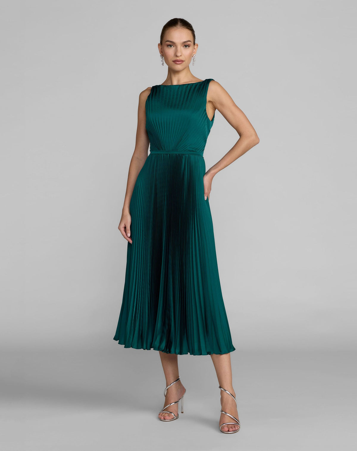 Teal Sleeveless High Neck Pleated Midi Dress
