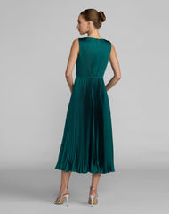 Teal Sleeveless High Neck Pleated Midi Dress