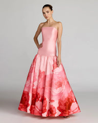 Pink Printed Mikado Strapless Drop Waist Ball Gown