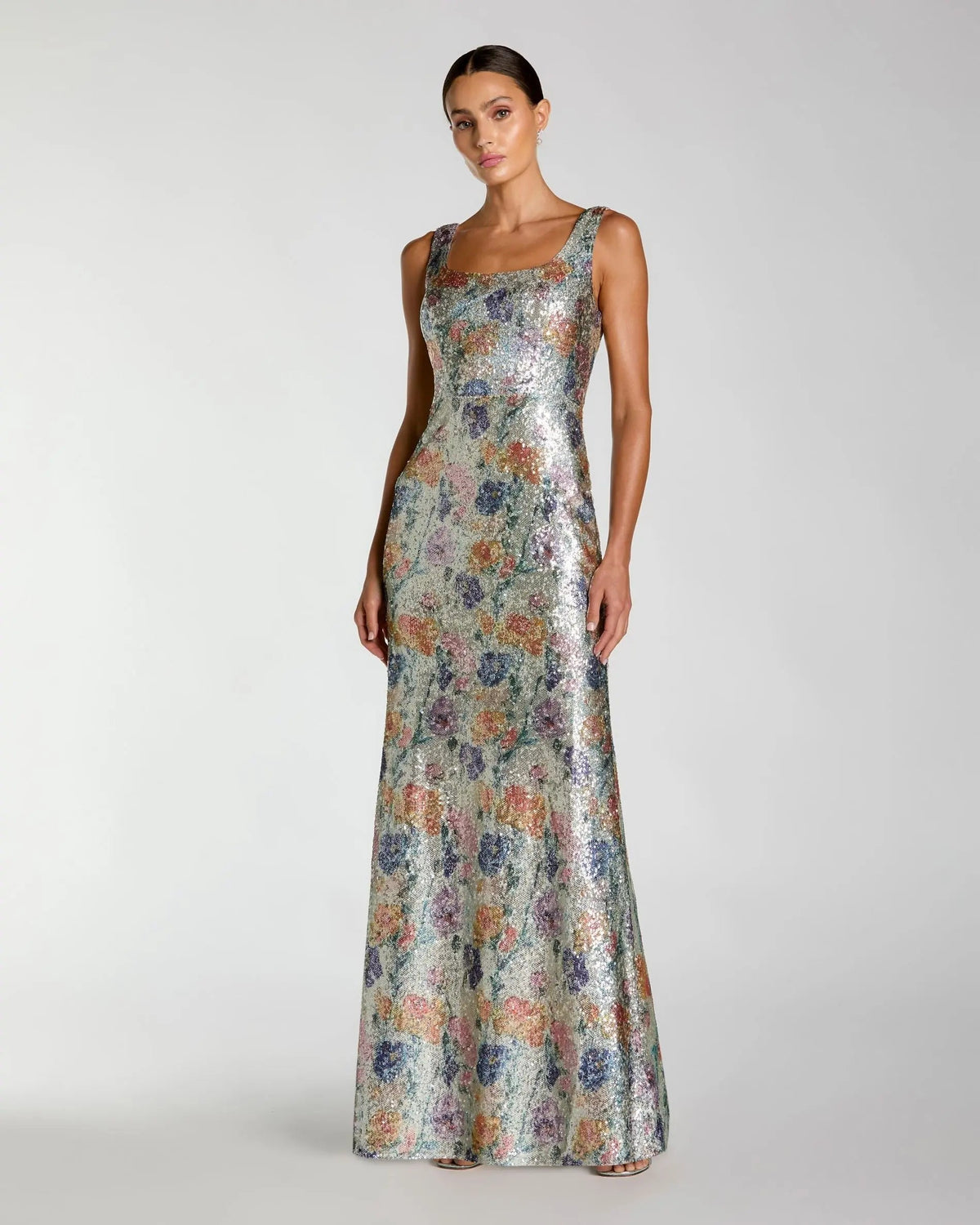 Silver Sleeveless Floral Sequin Column Gown
