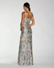 Silver Sleeveless Floral Sequin Column Gown