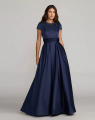 Navy Embellished Satin Cap Sleeve Ball Gown
