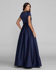 Navy Embellished Satin Cap Sleeve Ball Gown