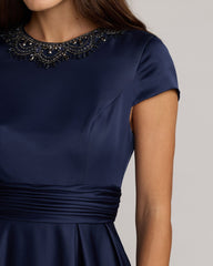 Navy Embellished Satin Cap Sleeve Ball Gown