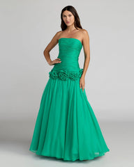 Green Strapless Chiffon Ball Gown With 3D Flowers