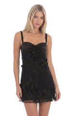 Floral Embellished Mini Dress in Black