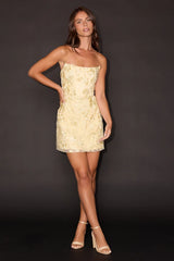 Macario Light Yellow 3D Floral Embroidered Mini Dress