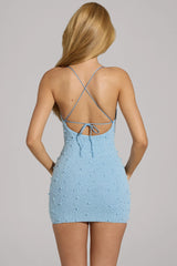 Embellished Cowl Neck Mini Dress in Sky Blue