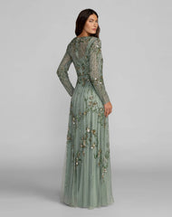 Green Beaded Long Sleeve A Line Gown