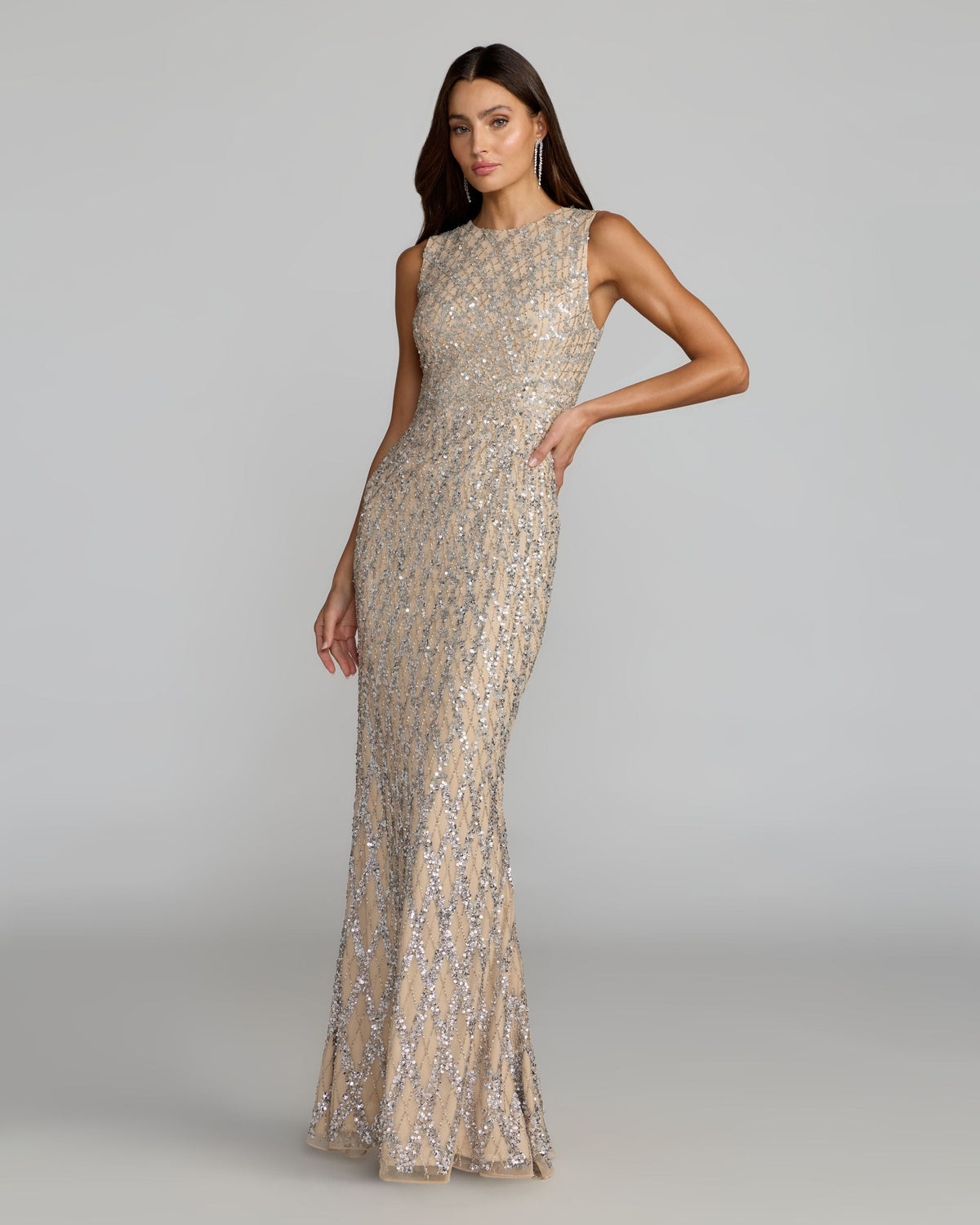 Nude Sleeveless Beaded Column Gown