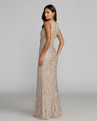 Nude Sleeveless Beaded Column Gown
