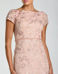 Pink Floral Applique Boat Neck Cap Sleeve Gown