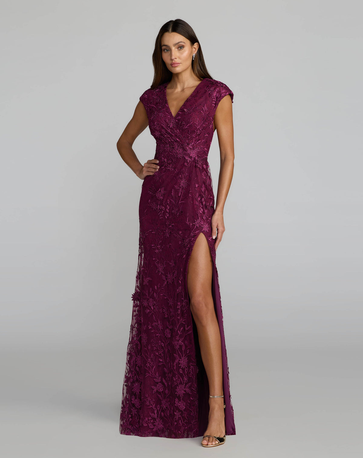 Amethyst Faux Wrap Floral Embroidered Cap Sleeve Gown