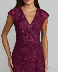Amethyst Faux Wrap Floral Embroidered Cap Sleeve Gown