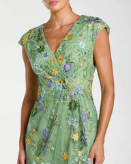 Green Faux Wrap Embroidered Cap Sleeve Gown